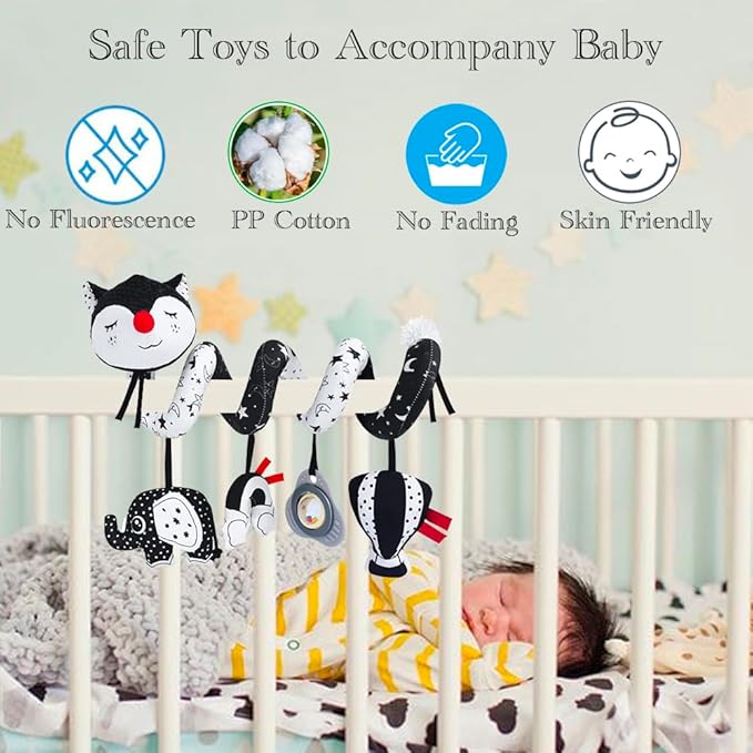 Car Seat Toys, High Contrast Black and White Toy for Infants 0-3 6 12 Months, Musical Black Fox Carseat Toys Stroller Toy for Babies Newborns