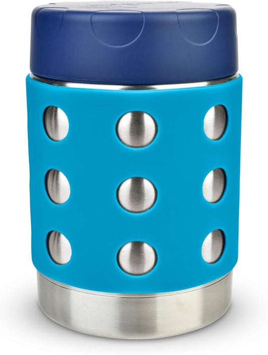 LunchBots Thermal 12 oz Triple Insulated Thermos - Hot 6 Hours or Cold 12 Hours - Leak Proof Thermos Soup Jar - All Stainless Interior - Navy Lid - Aqua Dots