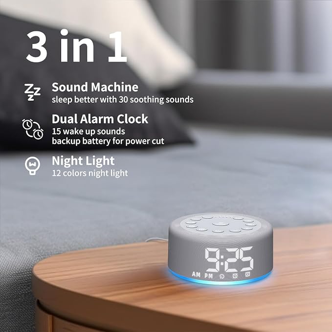 Upgraded 【3 in 1】 White Noise Sound Machine Alarm Clock Night Light with Double Alarms Backup Battery 30 Sleeping Sounds for Baby Kids Adults 32 Level Volume 5 Timers Memory Function 15 Wake Up Sounds