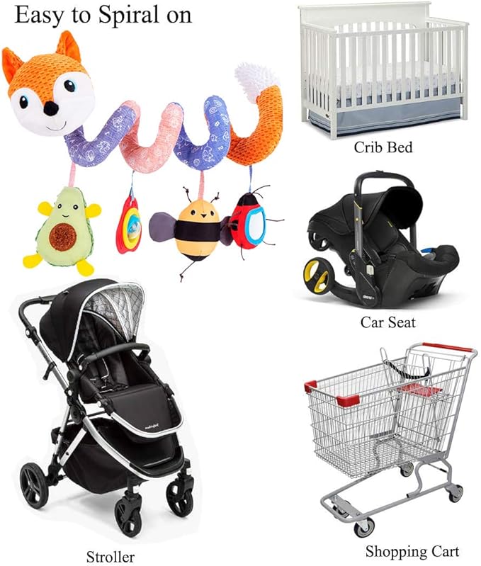 Car Seat Toys, Baby Plush Spiral Hanging Toys for Stroller Crib Bar Bassinet Car Seat Mobile with Music Box BB Squeaker Rattles- Orange Fox