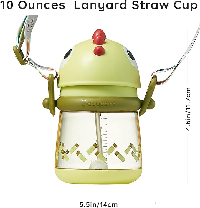 bc babycare Straw Sippy Cups for Toddler, No Spill Sippy Cups for Baby 1+ Year Old, Transition Weighted Sippy Cup with Straw and Strap, 10oz/300ml, Green