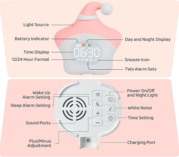 Star Alarm Clock with Night Light for Kids with Sleep Training and Sound Machine, Rechargeable Silicone Lamp OK to Wake Clock，Cute Animal Tabletop Lamp, Perfect Sleep Companion for Boys Girls, Pink