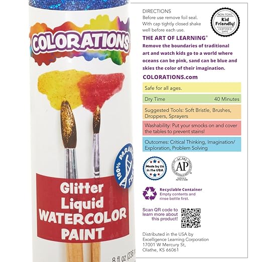 Colorations Liquid Glitter Watercolor Paint, 8 fl oz, Magenta, Non-Toxic, Painting, Kids, Craft, Hobby, Fun, Water Color, Posters, Cool Effects, Versatile, Gift
