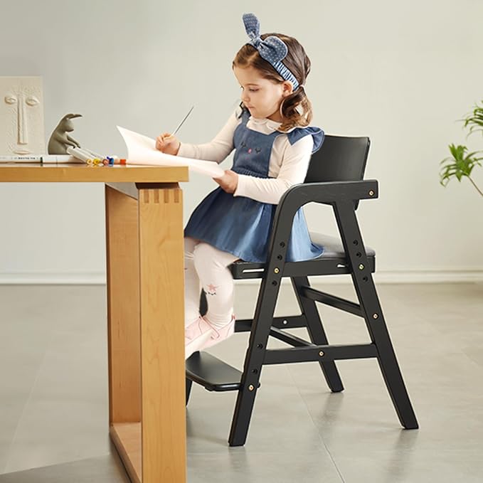 Solid Wood High Chair for Toddlers to Teens, Adjustable Height Toddler Dining Chair, Easy to Clean Toddler Highchair with Removable PU Cushion for Dining, Studying, Step Tool, Black