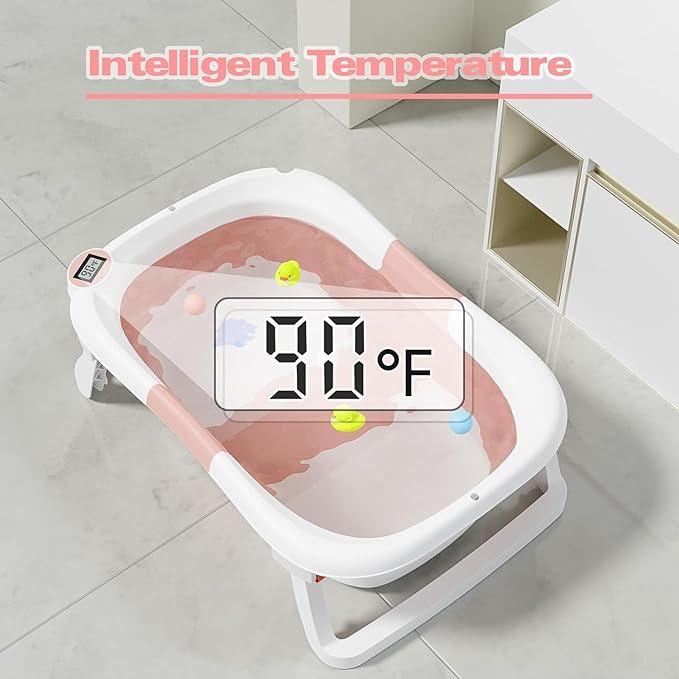 Collapsible Baby Bathtub,Baby Bath Tub with Soft Cushion & Thermometer,Baby Bathtub Newborn to Toddler 0-36 Months,Portable Travel Baby Tub