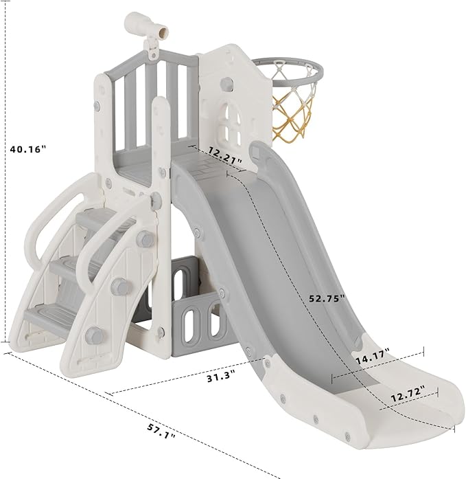 YUFU 5 in 1 Toddler Slide, Kids Slide with Climber, Basketball Hoop and Ball, Outdoor Indoor Playset for Toddlers Age 1-3 (Beige+Gray)