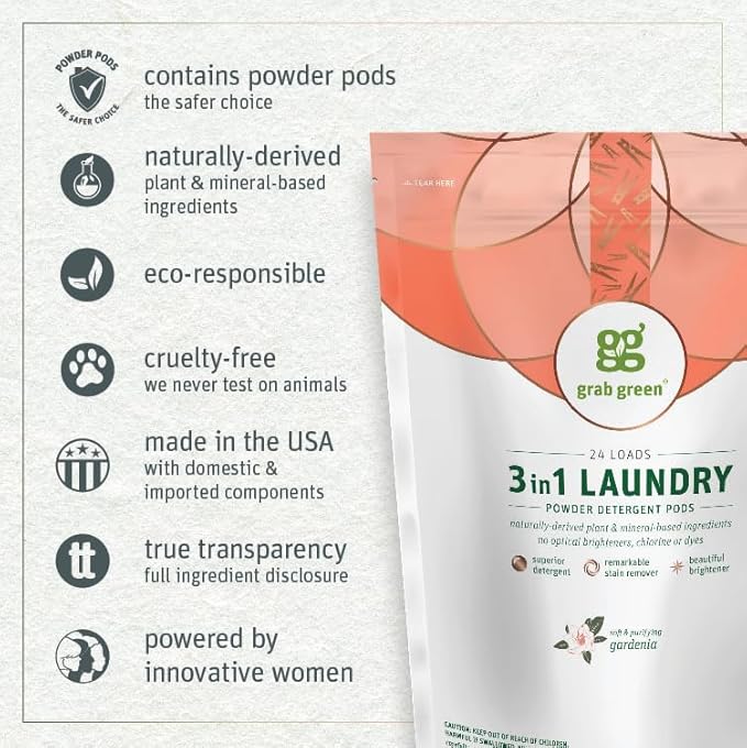 Grab Green 3-in-1 Laundry Detergent Pods, 24 Count, Gardenia Scent, Plant and Mineral Based, Superior Cleaning Power, Stain Remover, Brightens Clothes