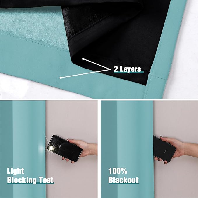 ChrisDowa 100% Blackout Curtains 84 inch Long for Bedroom with Black Liner, Extra Wide 2 Thick Layers Total Blackout Thermal Insulated Grommet Window Curtains 2 Panels Set (Aqua, 60 x 84 Inch)