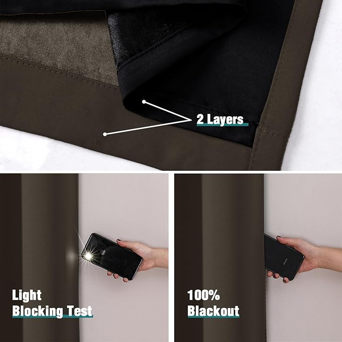 ChrisDowa 100% Blackout Curtains 84 inch Long for Bedroom with Black Liner, 2 Thick Layers Total Blackout Thermal Insulated Grommet Window Curtains 2 Panels Set (Brown, 38 x 84 Inch)
