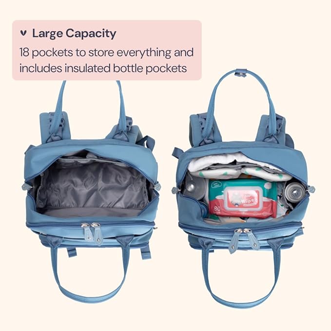 BabbleRoo Diaper Bag Backpack - Baby Essentials Travel Tote - Multi function Waterproof Diaper Bag, Travel Essentials Baby Bag with Changing Pad, Stroller Straps & Pacifier Case - Unisex, Light Blue