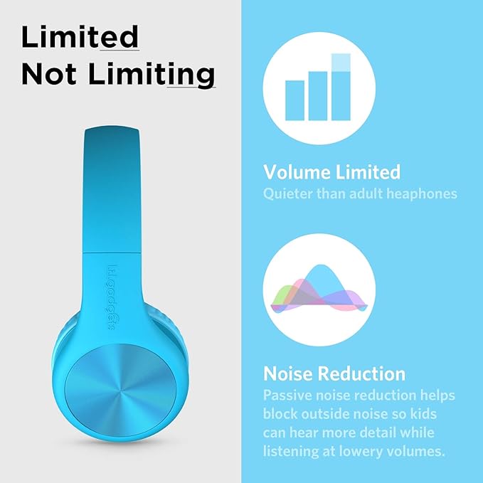 LilGadgets Connect+ Pro Wired Kids Headphones for School w/Microphone, Volume Limiting & Noise Reduction Over-Ear Headset with Cord, SharePort Technology & SoftTouch Padding, Blue Headphones for Kids