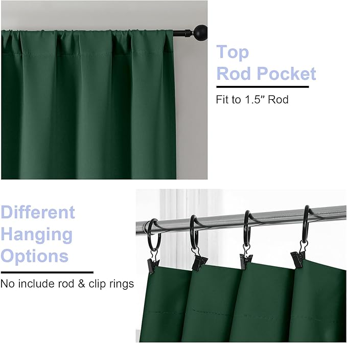 Simplebrand Ava Blackout Curtains for Patio 108 Inches Long 2 Panels Set, Solid Thermal Insulated Room Darkening Rod Pocket Window Treatment Curtains Blackout Drapes, W50 x L108 Inch, Ever Green