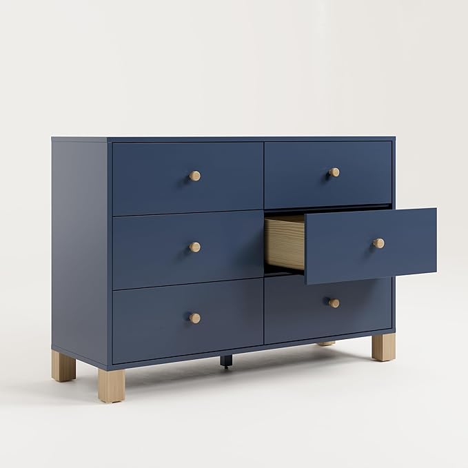 Storkcraft California 6 Drawer Double Dresser (Midnight Blue with Driftwood) – GREENGUARD Gold Certified, Spacious Storage Organizer for Kids’ Room, Safety Interlocking Drawer System