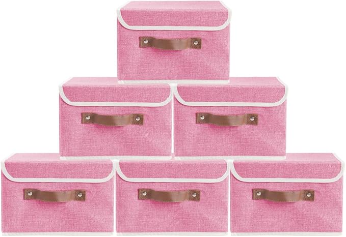 Lucky Monet Storage Bins Boxes with Lids 2 Pack Decorative Storage Boxes Collapsible Fabric Storage Basket Containers Lidded Storage Cube for Organizing Closet Home Office, 10"x 8"x 7" (Pink)