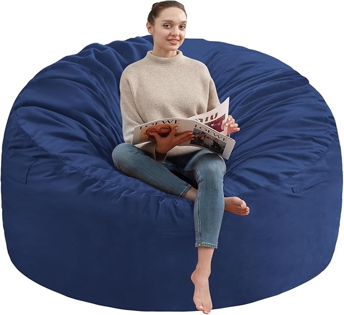 4FT Bean Bag Chair, Large Bean Bag Chairs with Memory Foam Filled, Fluffy Beanbag Sofa with Dutch Velvet Cover, Round BeanBag Chairs for Living Room, Playroom - Blue