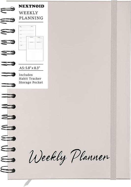 Undated Weekly Planner Notebook, A5 Hardcover Weekly to do List Notebook for Work with Goal & Habit Tracker - Spiral Beige