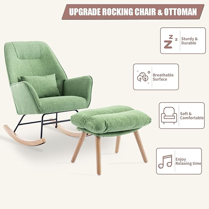 Rocking Chair with Ottoman and Pillow, Glider Rocker Chair, Accent Arm Chair Lounger for Living Room/Bedroom/Nursery, High Back, Solid Hardwood Base, Green