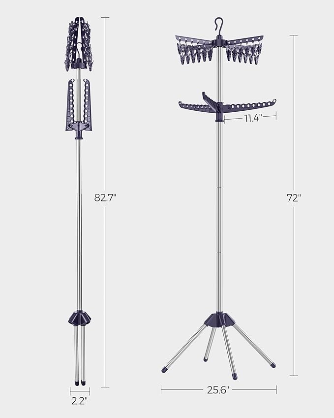SONGMICS 2-Tier Clothes Drying Rack, 72-Inch Folding Laundry Drying Rack with 3 Rotatable Arms for Hangers, 24 Clips, Stainless Steel, for 27 Pieces of Clothes, Blue and Silver ULLR512Q01