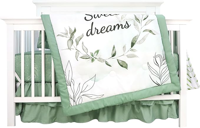 Green Leaf Crib Bedding Set, 4-Piece Baby Boy Bedding Set, Neutral Nursery Bedding Set, Fitted Crib Sheet, Crib Skirt, Baby Quilt, and Diaper Stacker, Sage