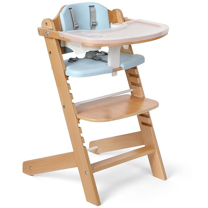 Cowiewie Natural Wooden High Chair for Babies & Toddlers 3-Tier Remove & Adjustable Tray, 8 Adjustable Highchair with Cushions, Portable (Blue)