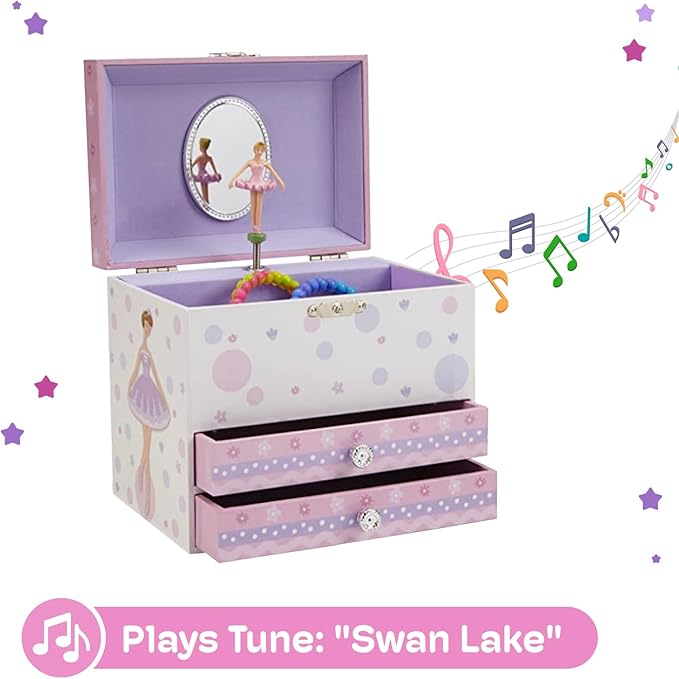Jewelkeeper Jewelry Box for Girls with Ballerina and Music Box - Dual Drawers and Spacious Storage - Swan Lake Tune - White and Purple Jewelry Keepsake Chest - 6 x 6.75 x 5.25 Inches