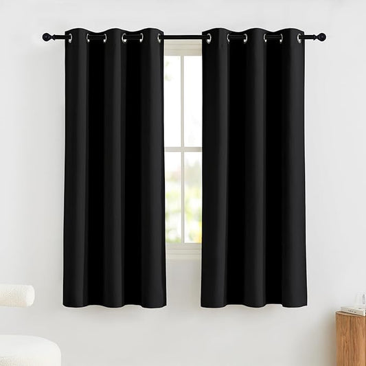 NICETOWN 100% Blackout Short Curtains 63 Inch Length for Bedroom, Privacy Thermal Insulated Grommet Window Drapes for Living Room, 2 Panels, Black, 42 x 63 Inch