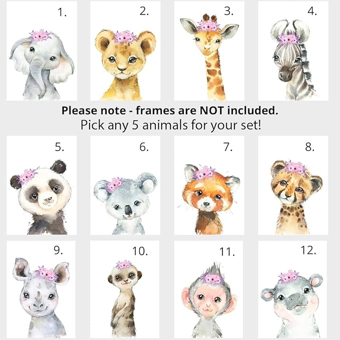 Personalized Safari Animals for Baby Girls Nursery, Set of 6 Unframed Poster Prints, Personalized Name Pink Lilac Floral, Girls Bedroom Decor, Elephant Giraffe (11x14)