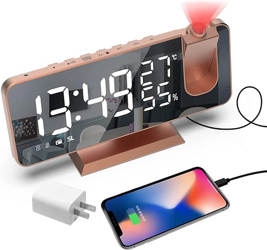Projection Digital Alarm Clock for Bedrooms, Alarm Clock Radio on Ceiling, USB Charger Port, Temperature & Humidity Display, 7.3” Large Mirror LED Display,12/24H,Snooze,Dual Loud Clock- 4 Dimmer