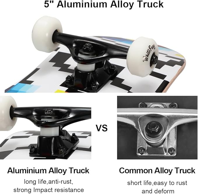 WhiteFang Skateboards for Beginners, Complete Skateboard 31 x 7.88, 7 Layer Canadian Maple Double Kick Concave Standard and Tricks Skateboards for Kids and Beginners