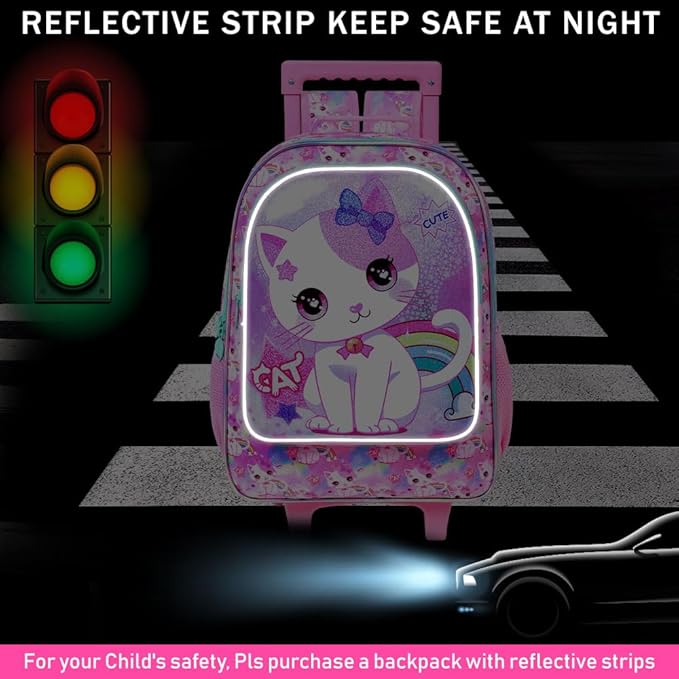 Girls Rolling Backpack, Cute Cat Roller Wheels Kids Bookbag - Wheeled Elementary School Bag - 3PCS Cat