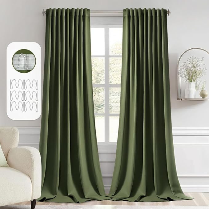 MIULEE Olive Green Back Tab Blackout Curtains 120 Inch Long 2 Panels Set for Bedroom, Rod Pocket/Pinch Pleated Extra Long Thermal Insulated Living Room Darkening Light Blocking 10FT Drapes