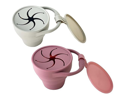 otterlove Collapsable Silicone Snack Container With Attachable Lid | 100% Pure LFGB Platinum Silicone with No Fillers | Snack Cup (2 Pack - Woodchuck & Sand)