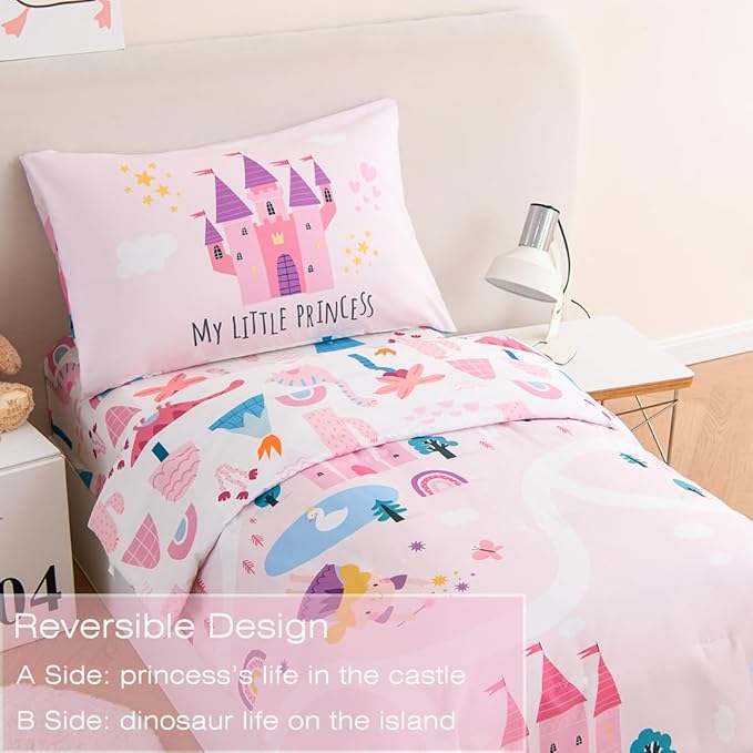PERFEMET 4 Pieces Girls Toddler Bedding Set Pink Castle Fairy Tales Toddler Comforter Set Reversible Colorful Rainbow Princess Printed Toddler Bed Set with Sheets(Pink, Castle)