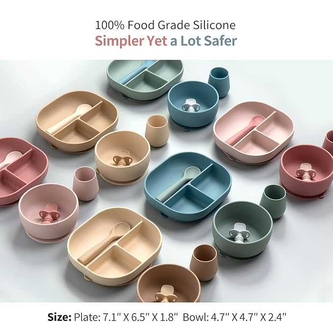 SAMiGO Silicone Baby Feeding Set, Baby Led Weaning Supplies, Suction Bowl Plate Bib Cup Self Feeding Spoons, Solid Food Eating Essentials, First Stage Utensils, 6+ Months