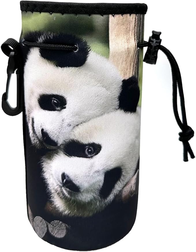 Water Bottle Bag Carrier, Water Bottle Neoprene Sleeve Portable Insulator Bottle Cover Drawstring Insulator for 18 Oz 20 Oz Water Bottle (Panda)