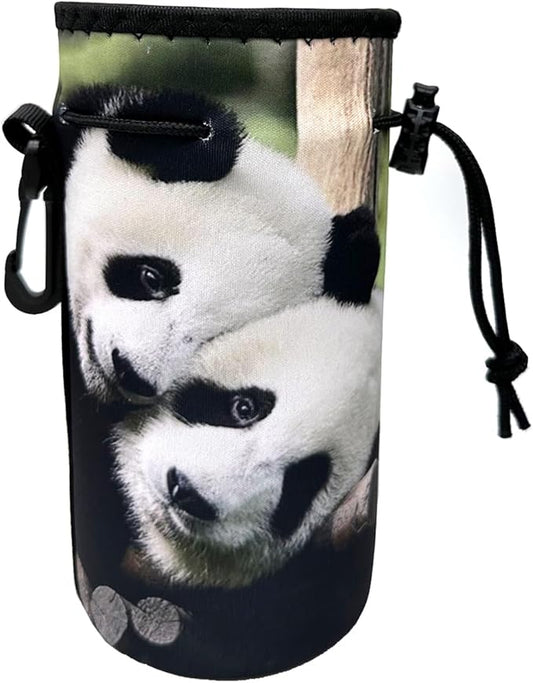 Water Bottle Bag Carrier, Water Bottle Neoprene Sleeve Portable Insulator Bottle Cover Drawstring Insulator for 18 Oz 20 Oz Water Bottle (Panda)