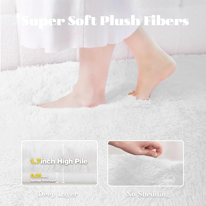 2x6 Runner Rug for Bedroom: Fluffy Shag Soft Washable Rugs Small Fuzzy Plush Indoor Carpet for Hallway Bedside Dorm Kids Girls Boys Room (White, 2'x6')