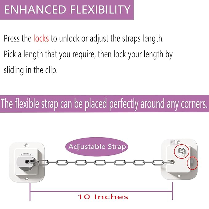 Child Proof Door Lock with Adjustable Strap, 3M Adhesive Safety Locks for Baby & Pets, No Tools Needed 4 Pack