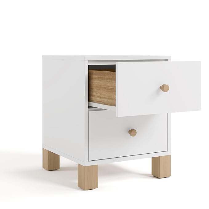 Storkcraft California 2 Drawer Nightstand (White with Driftwood) - GREENGUARD Gold Certified Nightstand for Kids Bedroom, Premium Wood Storage with Elegant, Iconic Block Feet