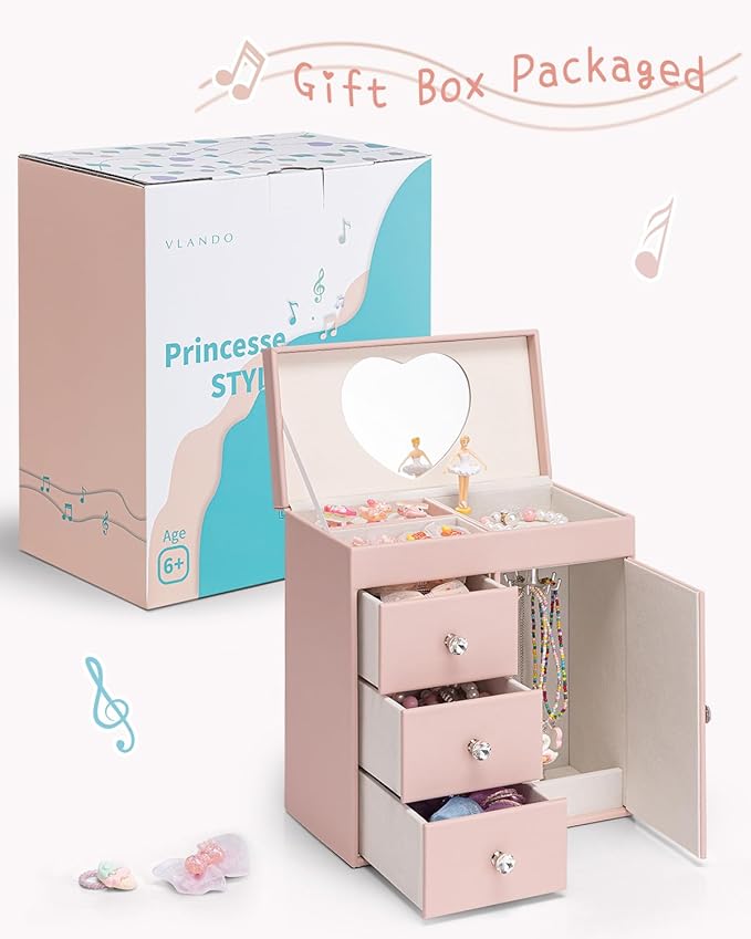 Vlando Musical Jewelry Box for Girls, Large Kid Music Box with Ballerina for Birthday Bedroom Decor, 4 Layer Girl Jewelry Gifts for Girls Kids - Pink