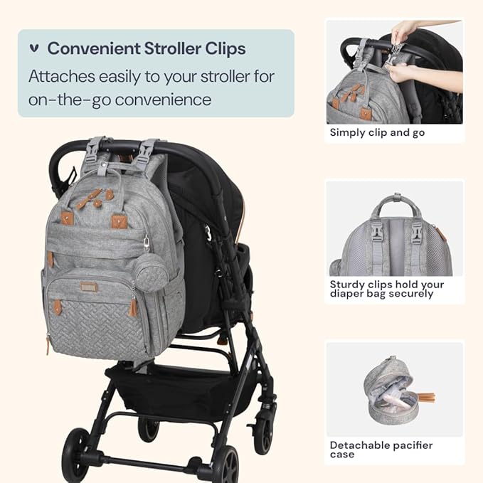 BabbleRoo Extra Large Diaper Bag Backpack, Expandable Baby Bag with Up to 50% More Capacity - Travel Essentials Baby Bag Tote with Changing Pad, Stroller Straps & Pacifier Case - Unisex, Light Gray