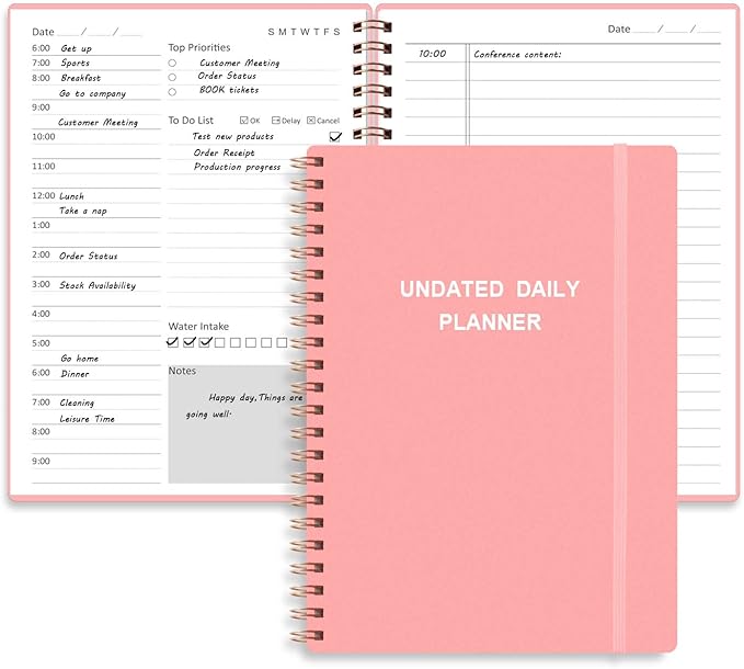 Tiankool Undated Daily Planner,Undated Planner with Hourly Schedules, Top Priorities Items and To Do List, A5 Daily Organizer Notebook to Increase Productivity, 5.8 × 8.2 Inch,Pink