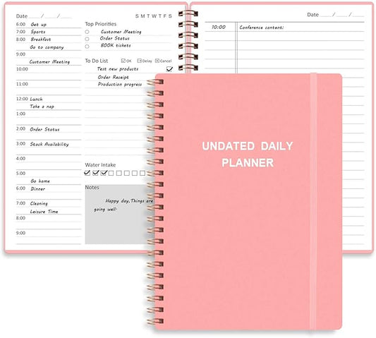 Tiankool Undated Daily Planner,Undated Planner with Hourly Schedules, Top Priorities Items and To Do List, A5 Daily Organizer Notebook to Increase Productivity, 5.8 × 8.2 Inch,Pink