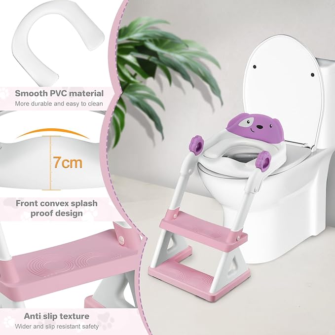 2 In 1 Potty Training Toilet Seat & Toddler Step Stool, Bottom Triangle Stability Toddler Toilet Seat, Adjustable Step & Seat Height Potty Seats for Toddlers Boys Girls (Purple)