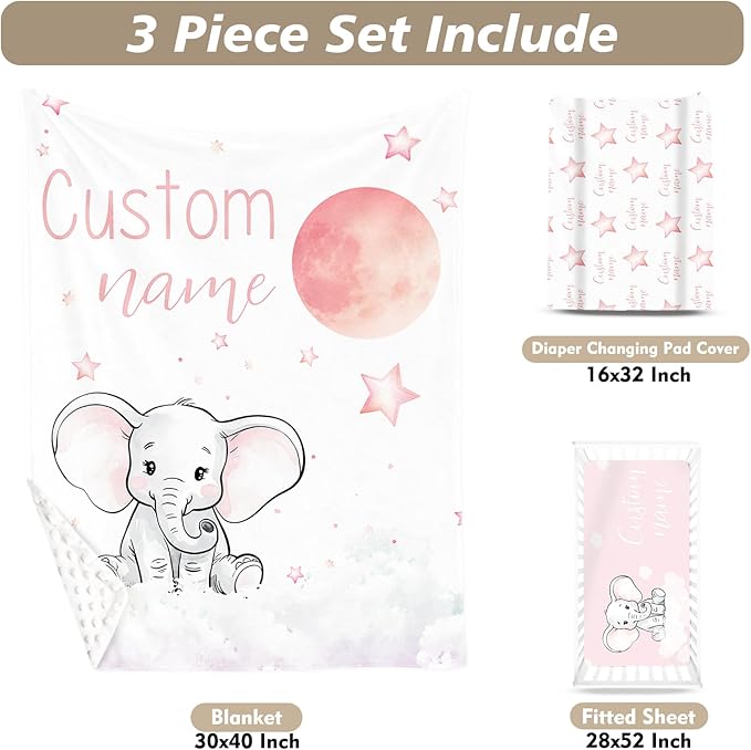 Custom Name Crib Bedding Set - Starry Sky Elephant Design, Personalized Baby Nursery Bedding 3-Piece Set– Soft Blanket, Fitted Sheet, Changing Pad Cover – for Newborns Girls Nursery Gifts