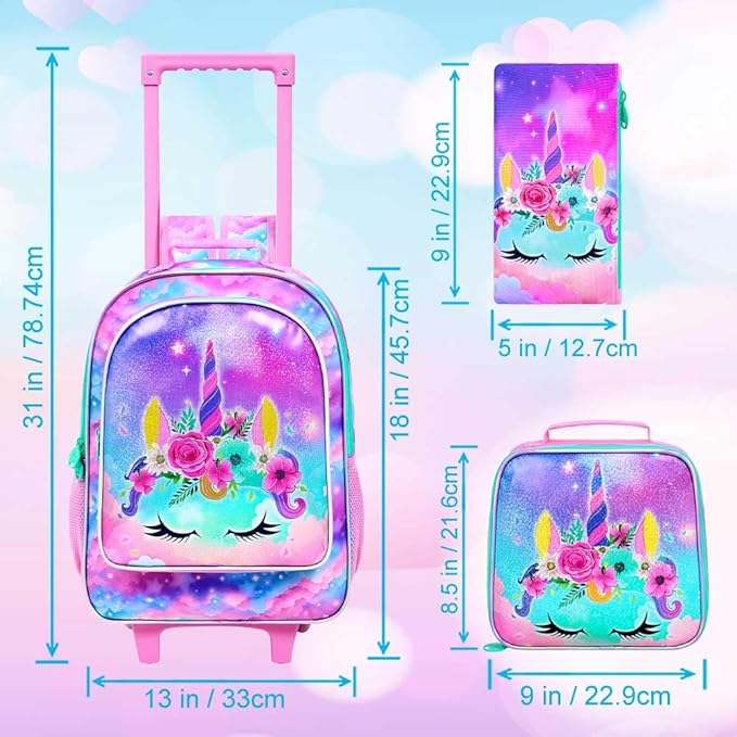Girls Rolling Backpack, Cute Unicorn Roller Wheels Kids Bookbag - Wheeled Elementary School Bag - 3PCS Unicorn
