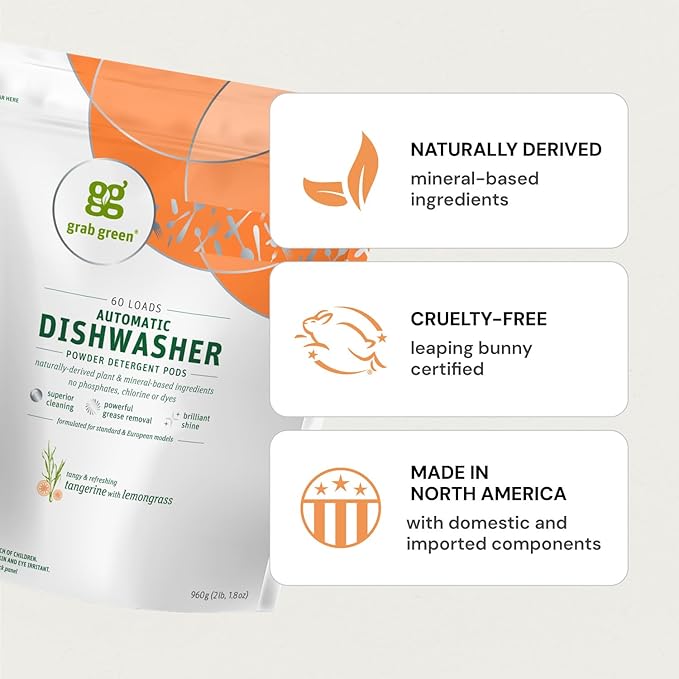 Grab Green Automatic Dishwashing Detergent Pods, 60 Count, Tangerine Lemongrass Scent, Plant and Mineral Based, Superior Cleaning, Powerful Grease Removal, Brilliant Shine