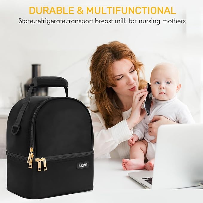 NCVI Breastmilk Cooler Bag with 2 Ice Pack, Breast Pump Bag with Cooler Fits 6 Bottles, Double Layer Breast Milk Baby Bottle Cooler Bag, for Travel, Nursing Mom Daycare, Work, Picnic (Black)