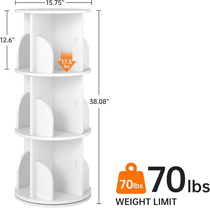 Rotating 3-Tier Bookshelf, 360° Spinning Corner Bookcase with Lazy Susan, White Space Saving Organizer for Study Room, Home Office, Kids Rooms, Bedroom, Adults & Kids