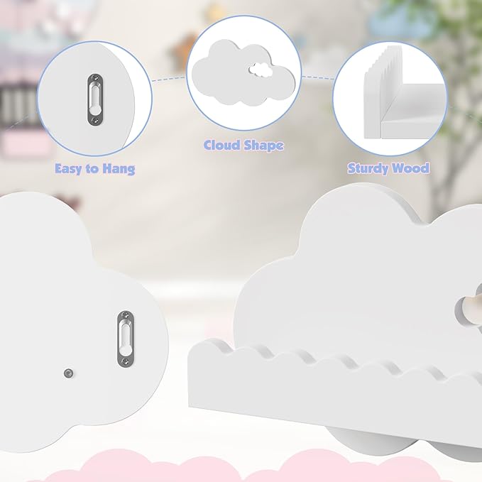 NACHES 3-Piece Floating Bookshelf - Scalloped White Cloud Wooden Wall Shelves, Kids Room/Nursery Decor for Books & Picture, Easy to Mount Display Shelves